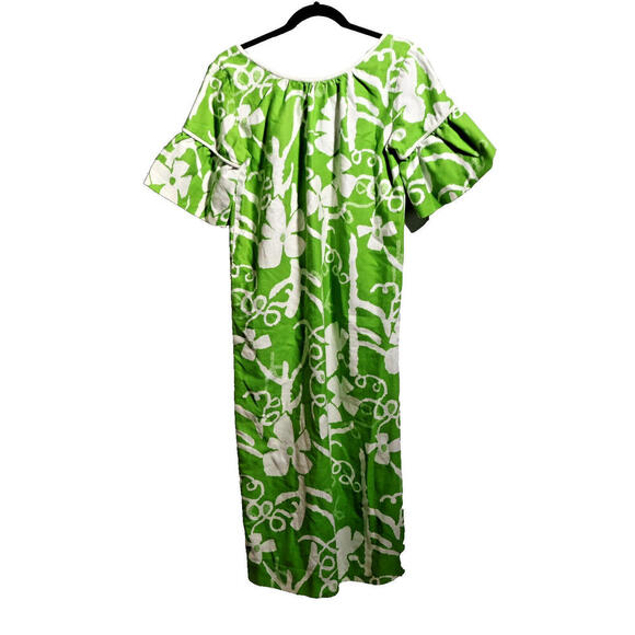 VTG 60s Kay O Kauai Hawaii Green Floral Mumu Luau House Dress Groovy Mod L Tiki - Picture 1 of 10